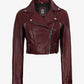 Rhea women's burgundy cropped leather biker jacket, front view with asymmetric zip and snap lapels