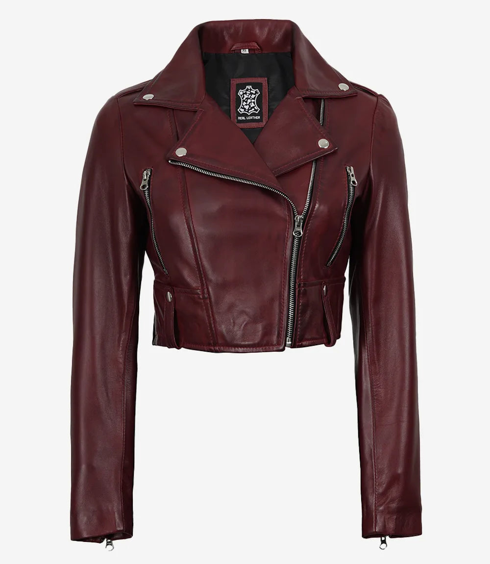Rhea women's burgundy cropped leather biker jacket, front view with asymmetric zip and snap lapels