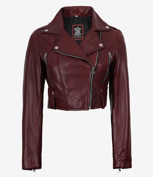 Rhea women's burgundy cropped leather biker jacket, front view with asymmetric zip and snap lapels