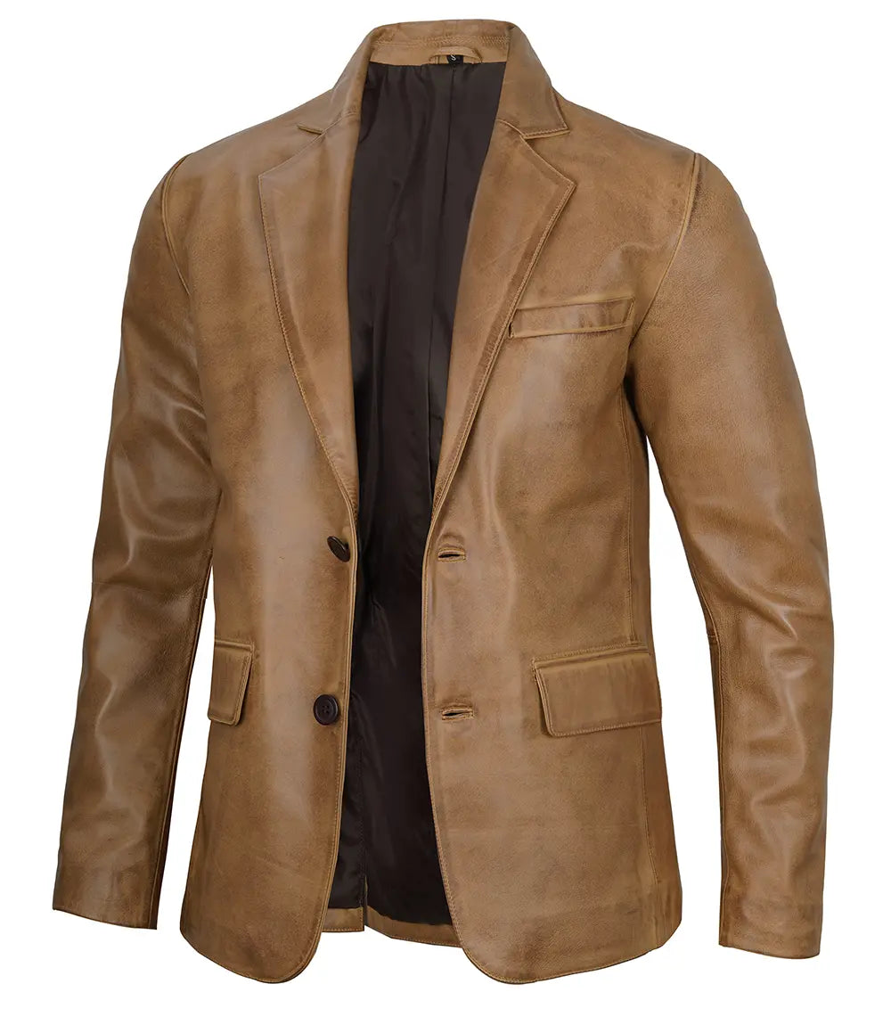Duke men's camel leather blazer, right side pose