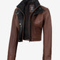 Rowan women's brown cropped leather jacket with black collar, angled open front view