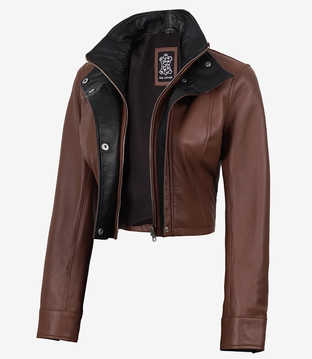 Rowan women's brown cropped leather jacket with black collar, angled open front view