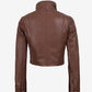 Back of Rowan women's brown cropped leather jacket showing panel seams and snap cuffs