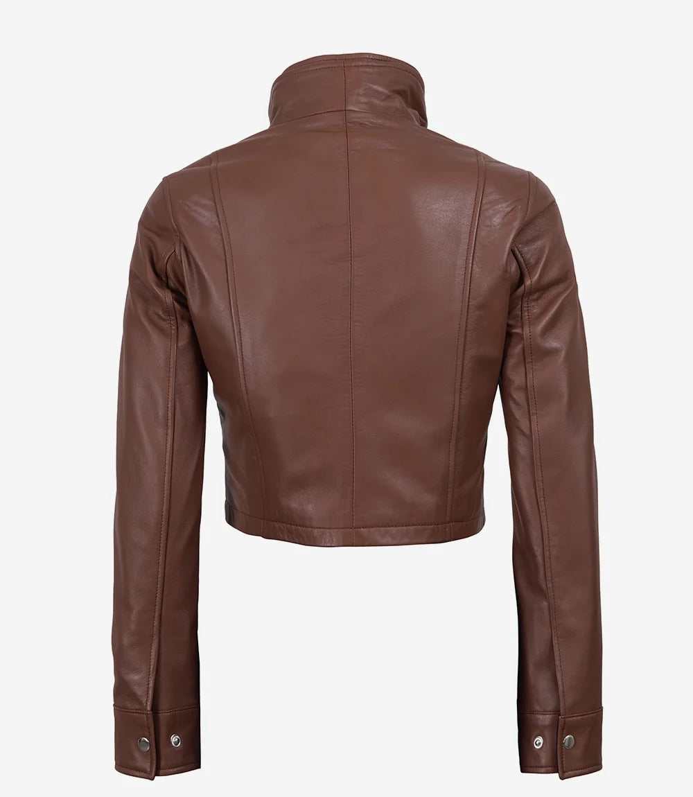 Back of Rowan women's brown cropped leather jacket showing panel seams and snap cuffs