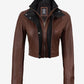 Rowan women's brown cropped leather jacket with inner zip fastened and black front facing visible