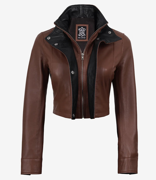 Rowan women's brown cropped leather jacket with inner zip fastened and black front facing visible