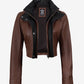Rowan women's brown cropped leather jacket with black contrast collar, open front view