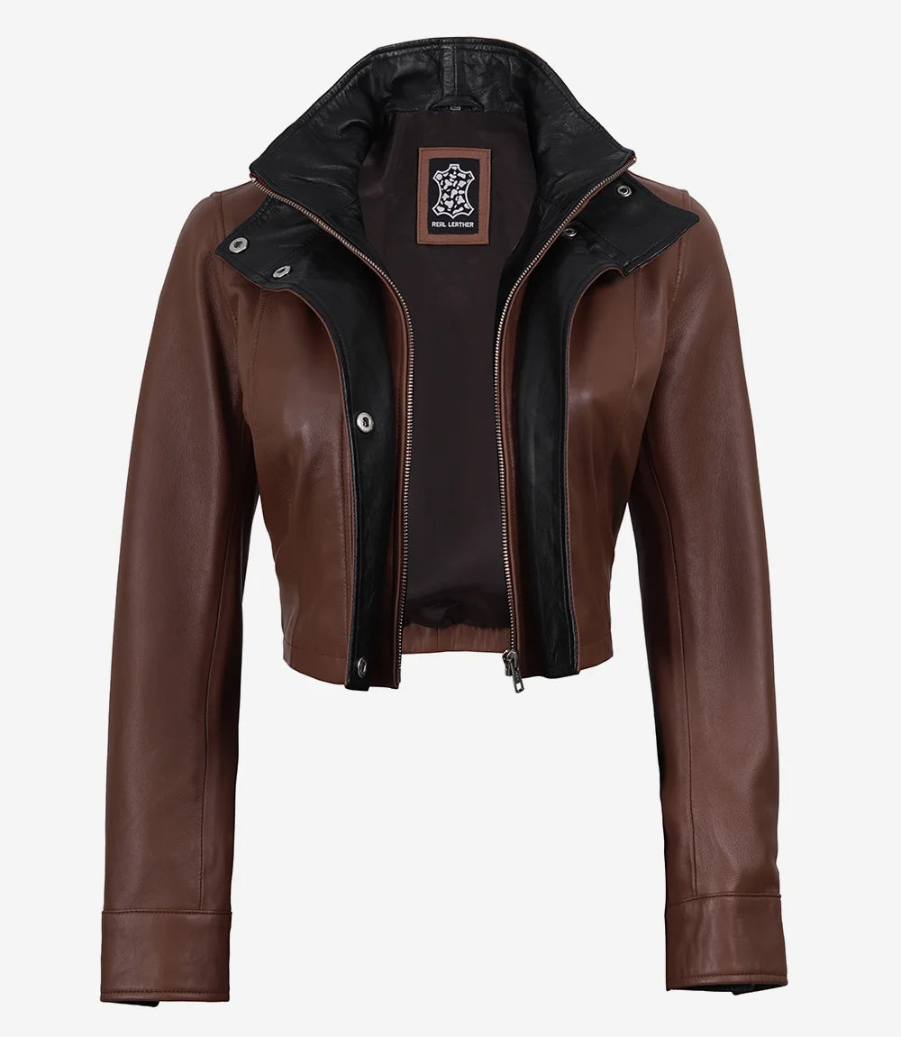 Rowan women's brown cropped leather jacket with black contrast collar, open front view