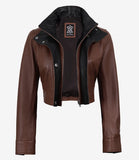 Rowan women's brown cropped leather jacket with black contrast collar, open front view