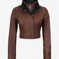 Rowan women's brown cropped leather jacket, front view with snap fastening closed
