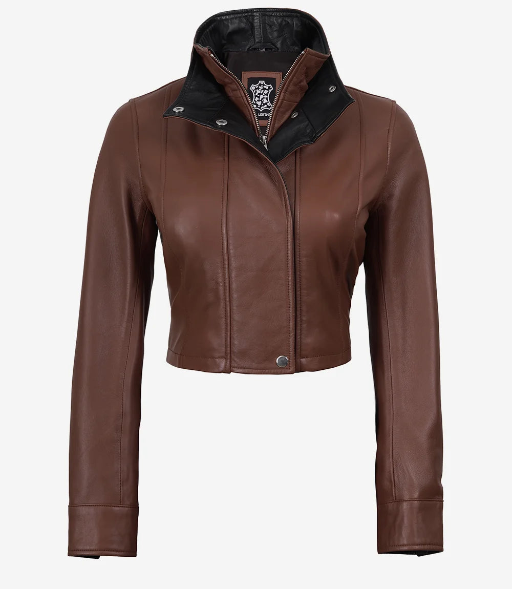 Rowan women's brown cropped leather jacket, front view with snap fastening closed