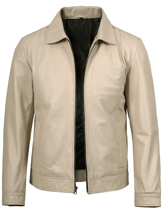 Ivory Men's Beige Leather Jacket - Front Open View