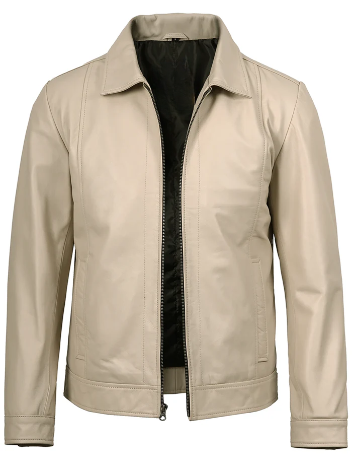 Men’s Beige Harrington Leather Jacket with Shirt Collar – Front Open | NSM Jackets
