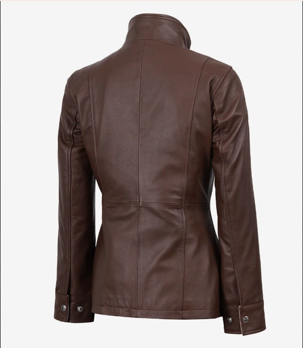 Sloane women's dark brown leather jacket, back view