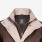 Close-up of the beige contrast stand collar with snap tabs on the Sloane leather jacket
