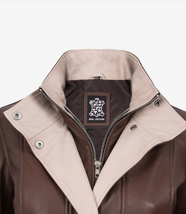 Close-up of the beige contrast stand collar with snap tabs on the Sloane leather jacket