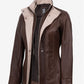 Sloane women's dark brown leather jacket with beige contrast collar, front angle view, worn open