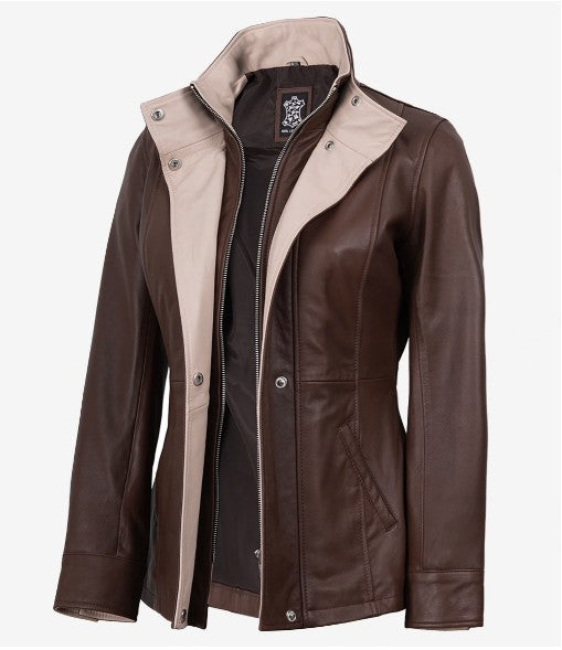 Sloane women's dark brown leather jacket with beige contrast collar, front angle view, worn open