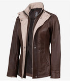 Sloane women's dark brown leather jacket with beige contrast collar, front angle view, worn open