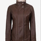 Sloane women's dark brown leather jacket by NSM Jackets, front view snapped closed
