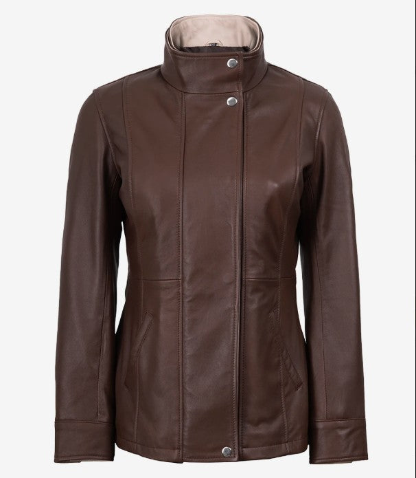 Sloane women's dark brown leather jacket by NSM Jackets, front view snapped closed