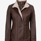 Women's dark brown leather jacket with beige collar, front view partly open