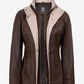 Women's dark brown two-tone leather jacket, front view open showing the beige facing