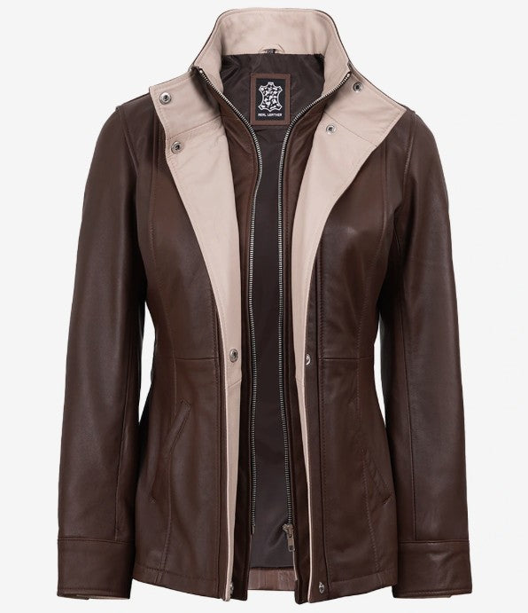Women's dark brown two-tone leather jacket, front view open showing the beige facing