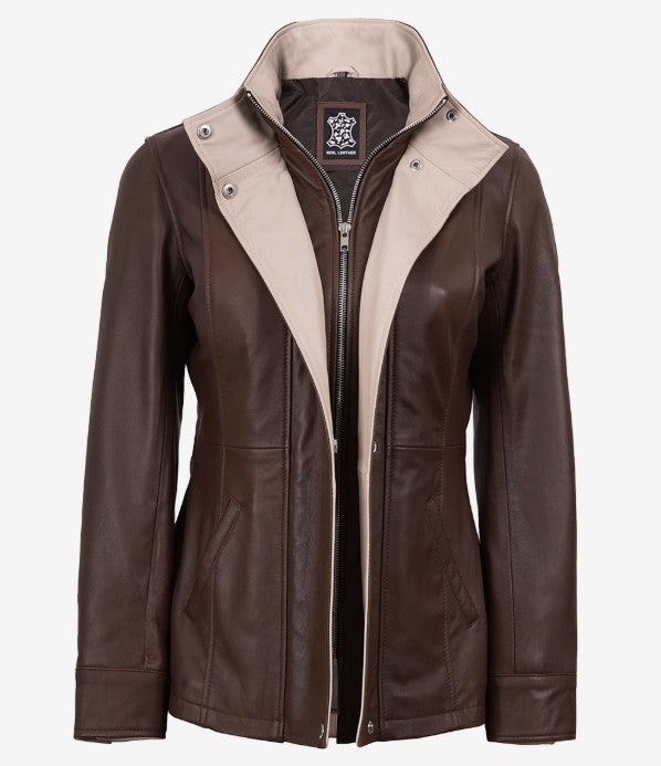 Sloane leather jacket with built-in zip-up inner bib, front view