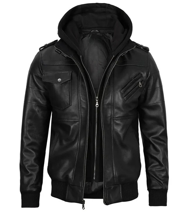 Blouson bomber en cuir pour homme – Noir – avec capuche
