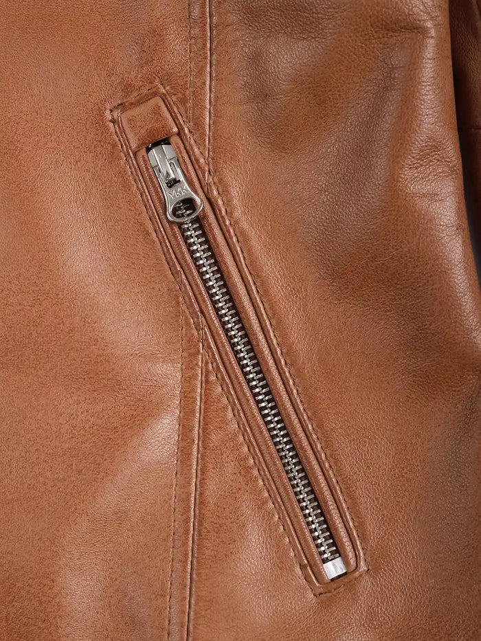 Luna Women's Tan Brown Cafe Racer Leather Jacket - Side View