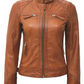 Sienna Women's Tan Biker Leather Jacket - Front Closed View