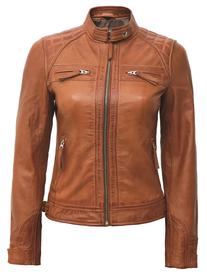 Sienna Women's Tan Biker Leather Jacket - Front Closed View