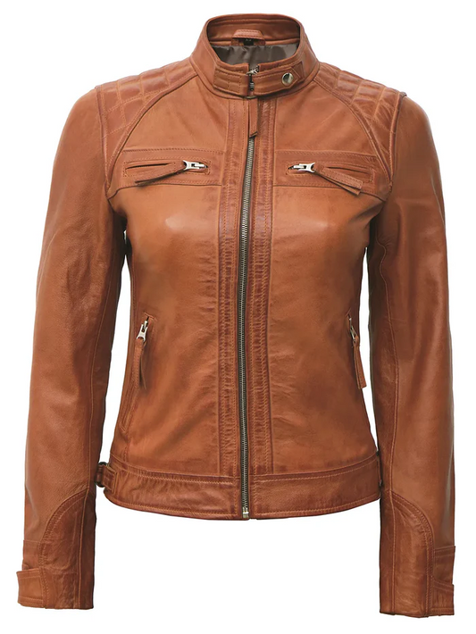 Sienna Women's Tan Biker Leather Jacket - Front Closed View