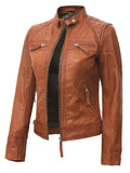 Tan Cafe Racer Leather Jacket for Women – Side View