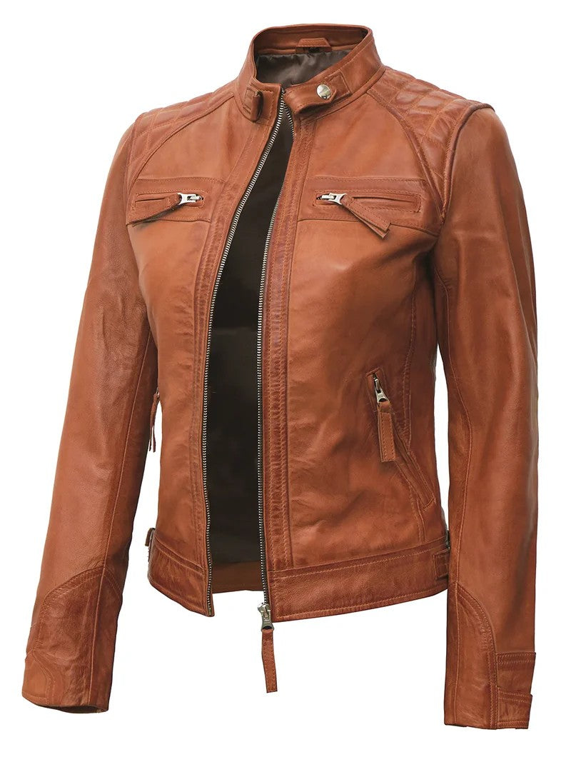 Tan Cafe Racer Leather Jacket for Women – Side View