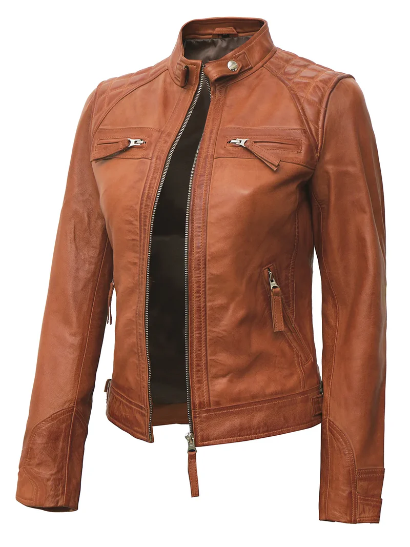 Sienna Women's Tan Biker Leather Jacket - Front View