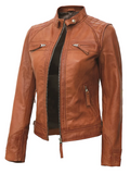 Sienna Women's Tan Biker Leather Jacket - Front View