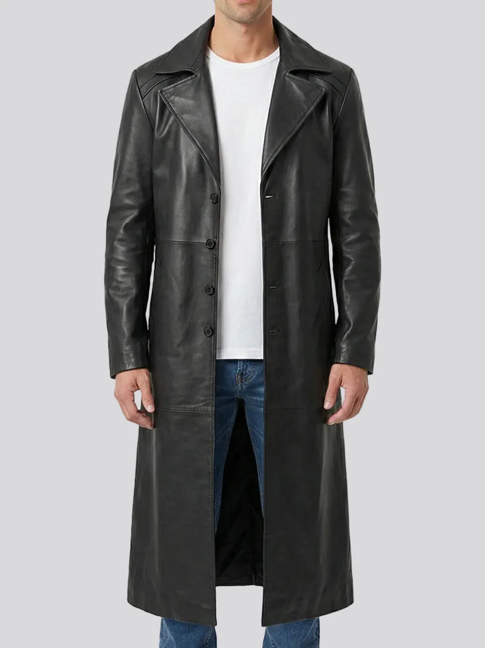 Vaughn men's black leather duster coat, front view on model