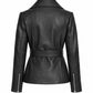 Women's black belted leather biker jacket, back view with waist belt