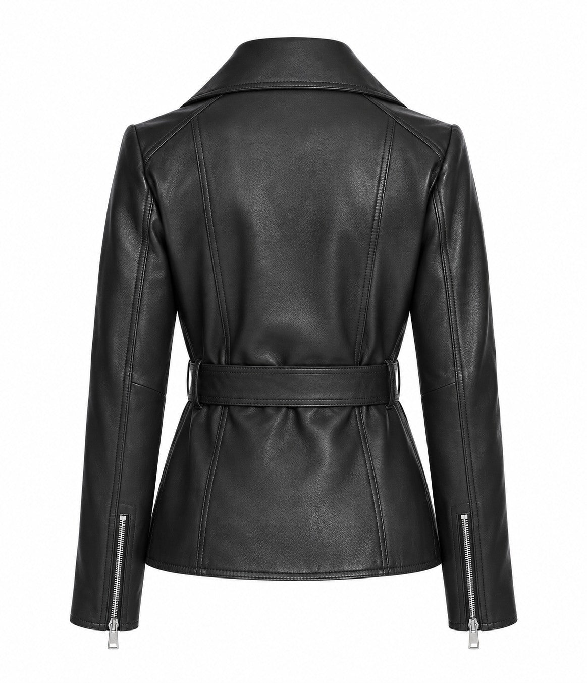 Women's black belted leather biker jacket, back view with waist belt