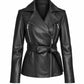 Women's black leather biker jacket with tied waist belt and asymmetric zip, front view