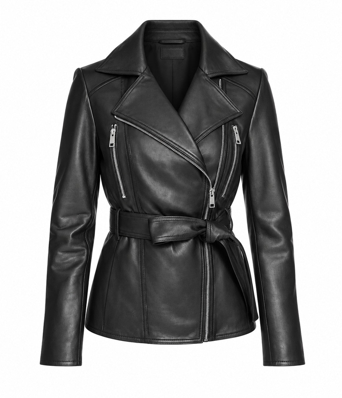 Women's black leather biker jacket with tied waist belt and asymmetric zip, front view