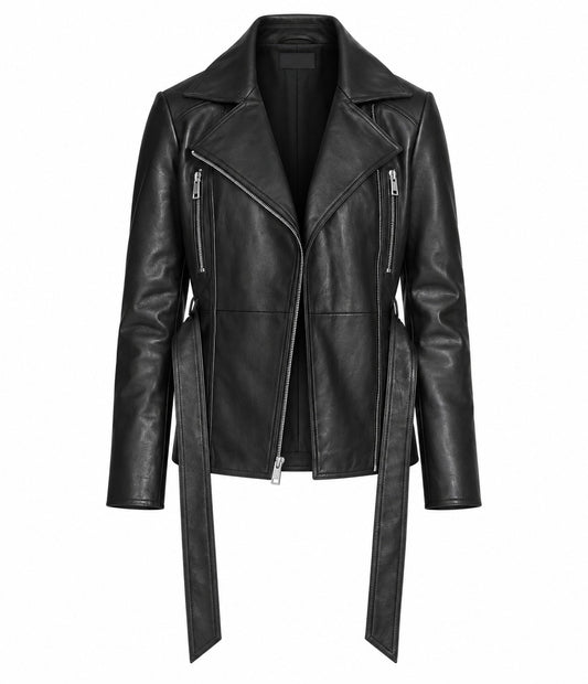 Women's Black Belted Leather Biker Jacket in genuine lambskin leather, front view with belt untied