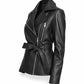 Black belted leather biker jacket for women by NSM Jackets, side angle view