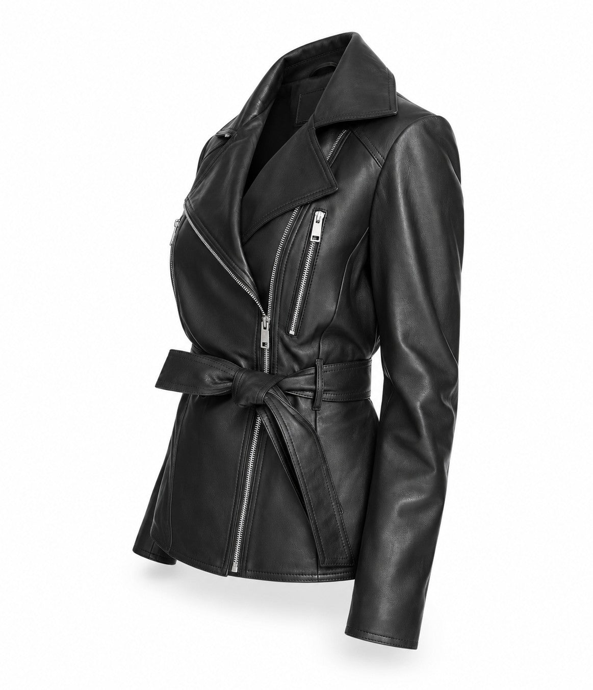 Black belted leather biker jacket for women by NSM Jackets, side angle view