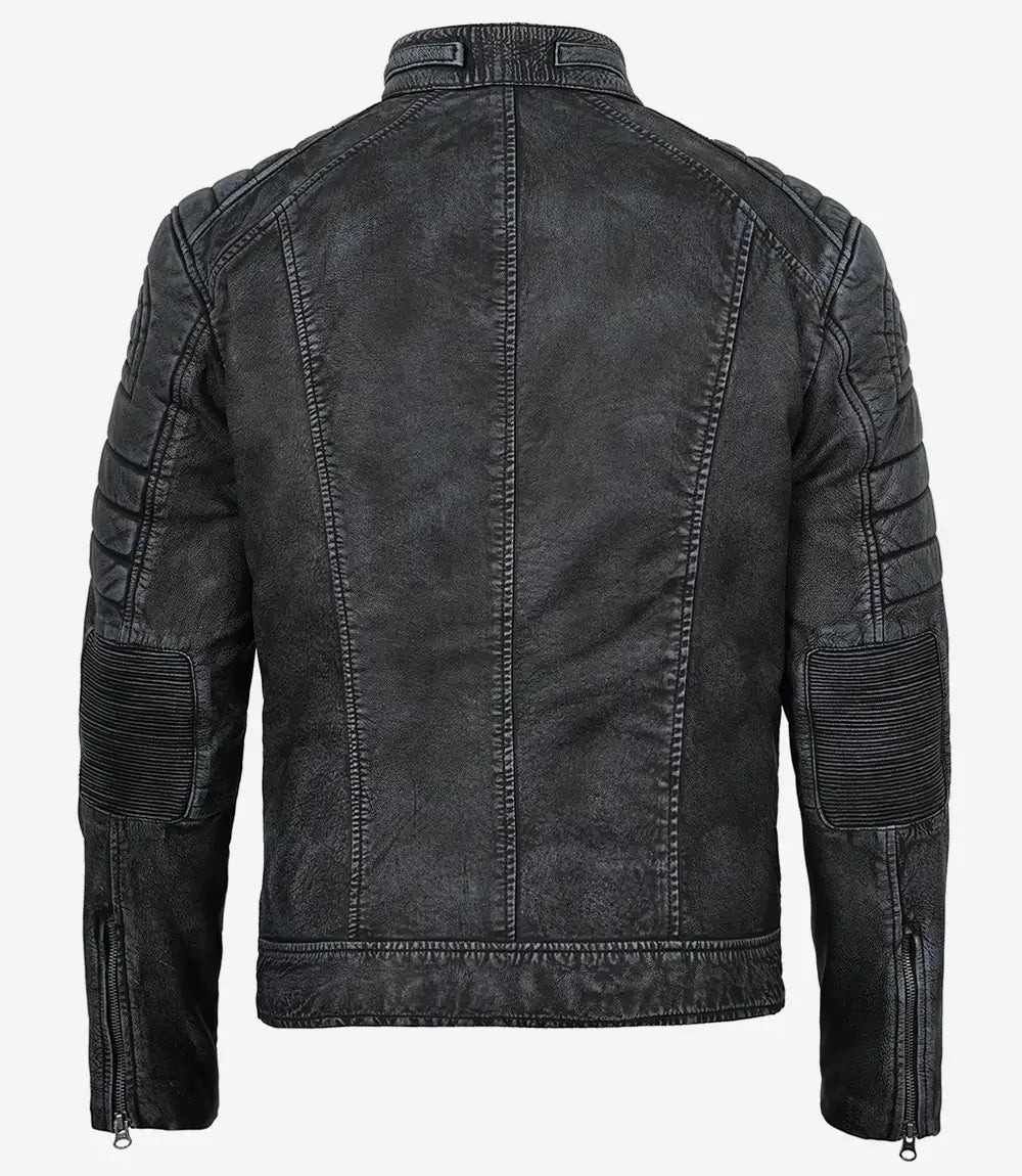 Onyx washed black cafe racer jacket for men, full front view