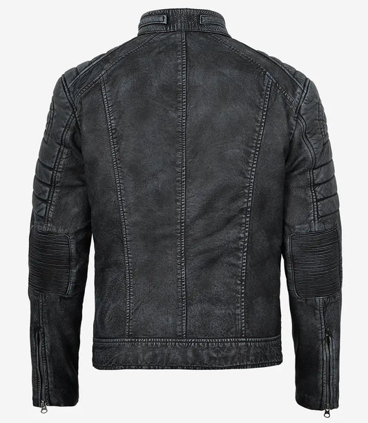 Onyx washed black cafe racer jacket for men, full front view