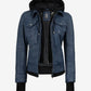 Betty washed blue hooded leather jacket with hood up, front view