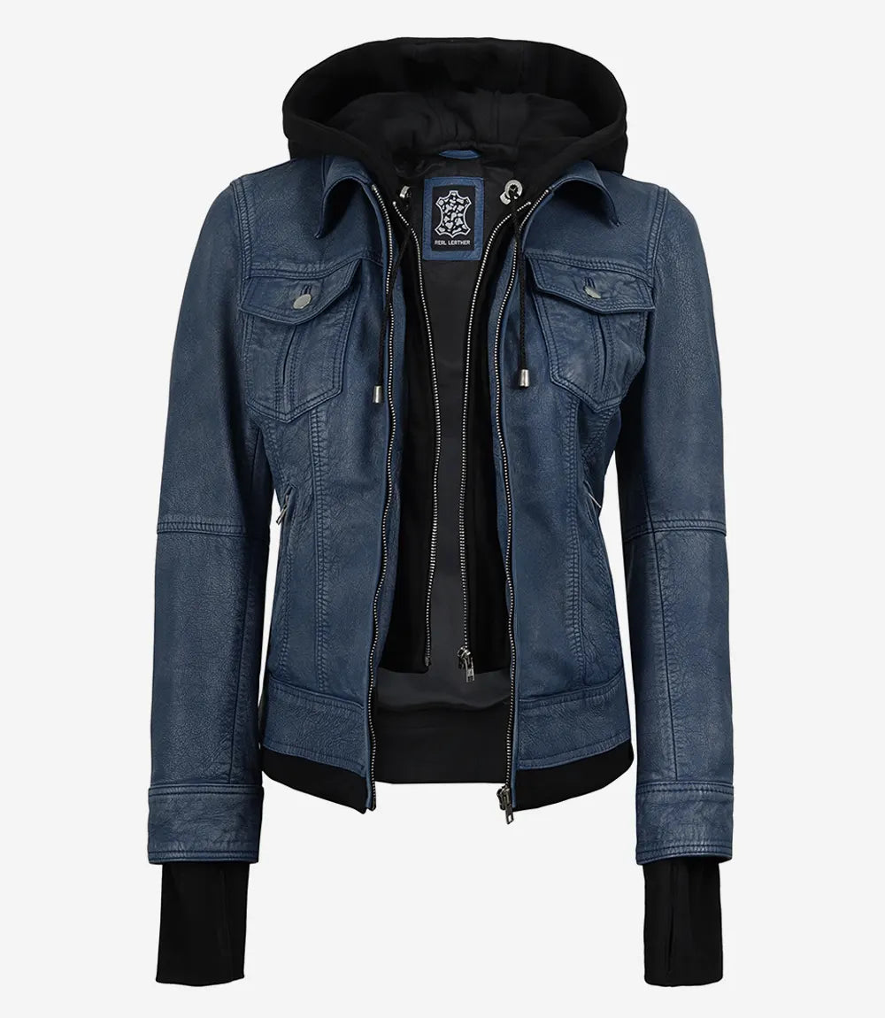 Betty washed blue hooded leather jacket with hood up, front view